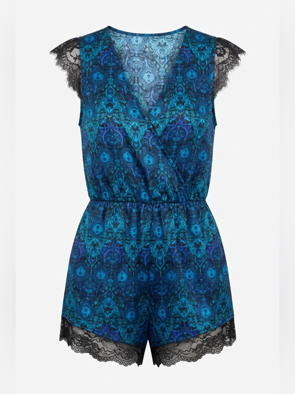 Kimchi Blue Printed V-Neck Romper with Lace Trim